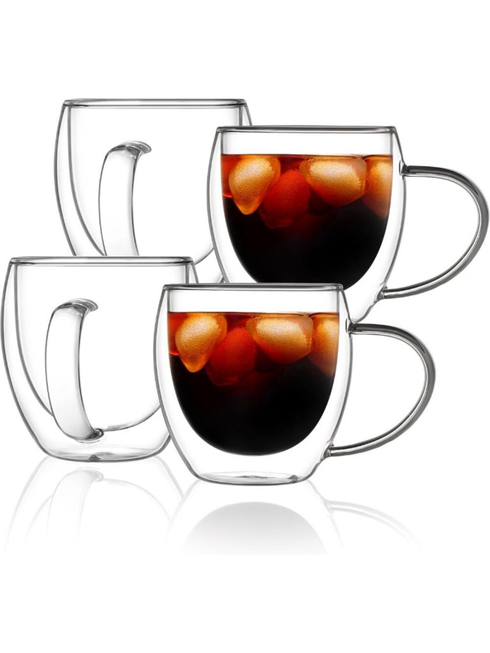 Double Walled Insulated Glass Coffee Mugs - 12oz Clear Espresso Cups (4-Pack)